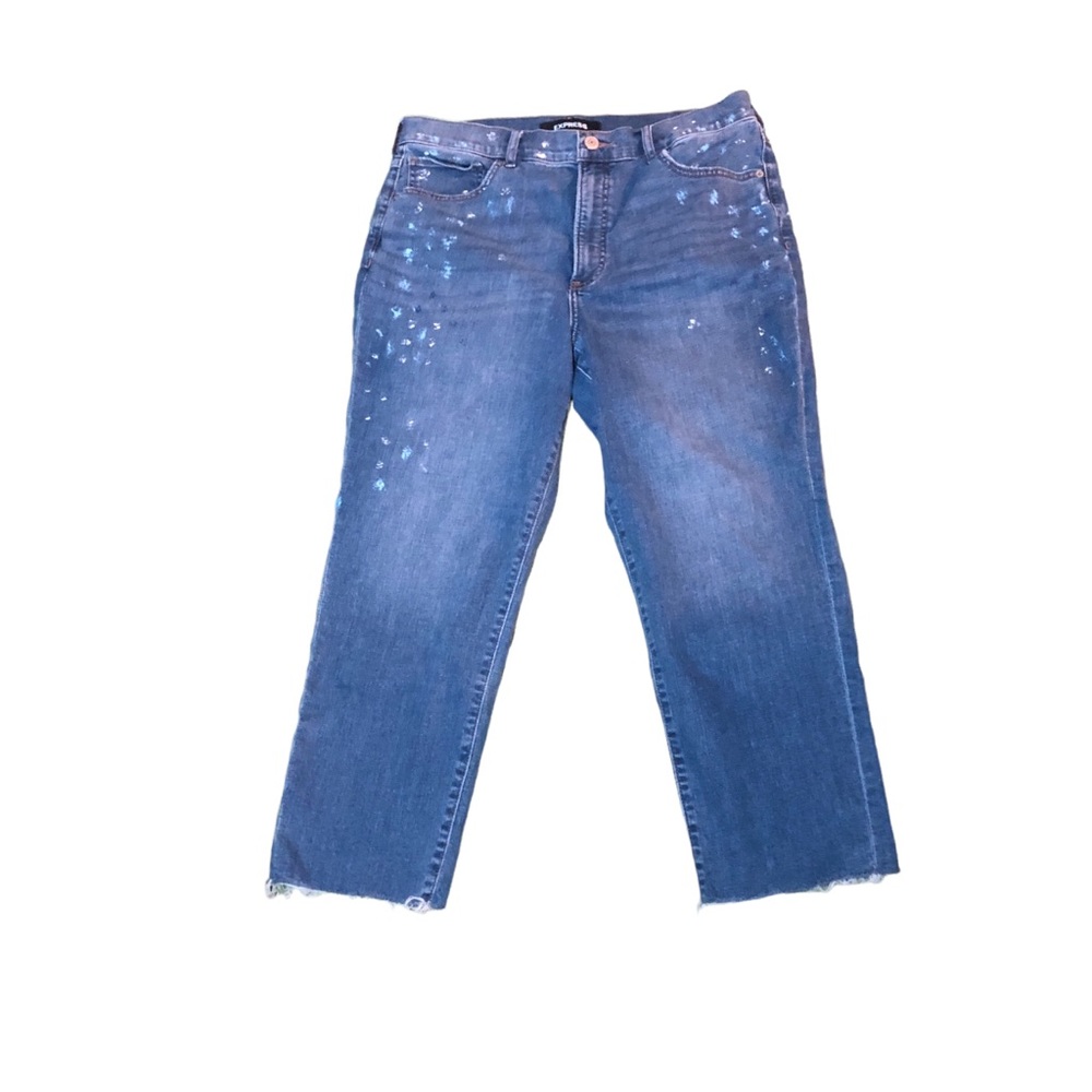 Express Super High Rise Jeans Sz 14 Paint Splatter Frayed Denim Summer Beach Y2k